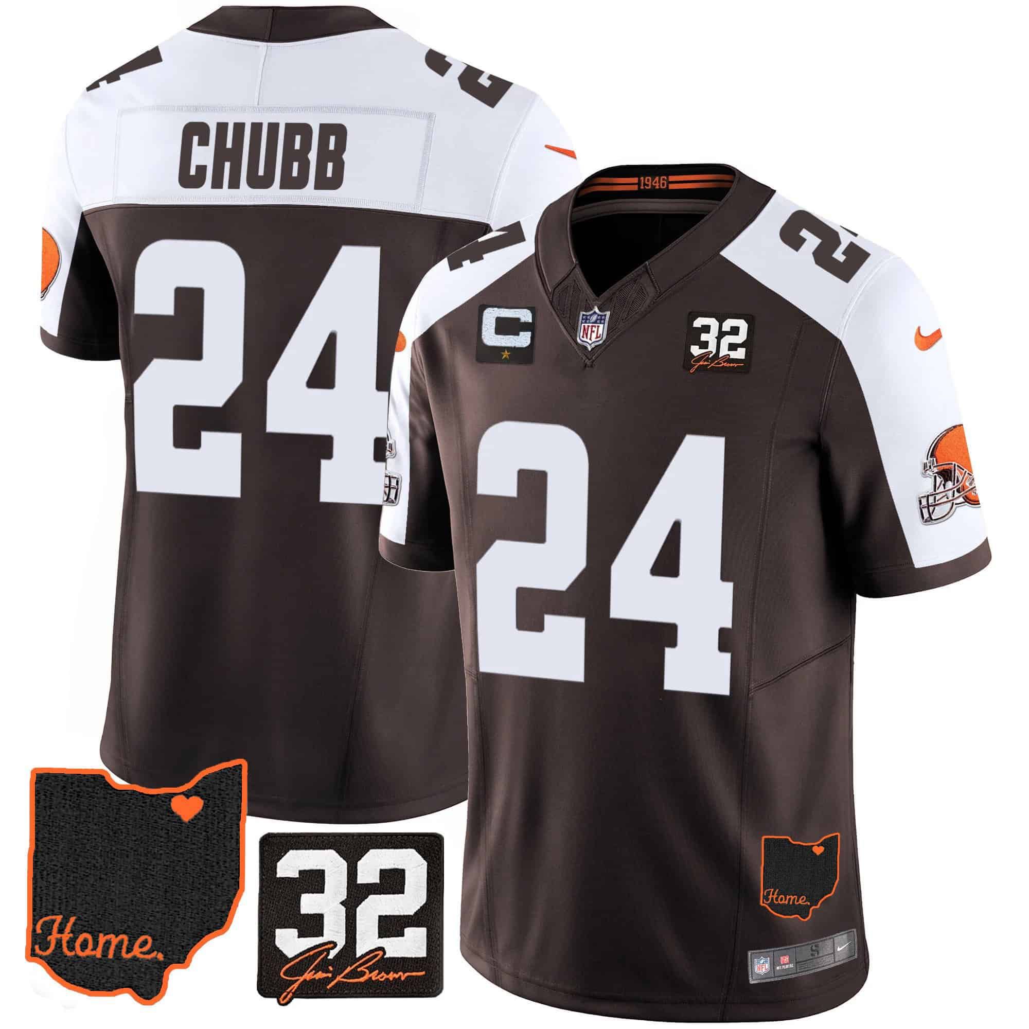 Men Cleveland Browns #24 Chubb Brown Memorial Home Patch 2024 Nike NFL Jersey